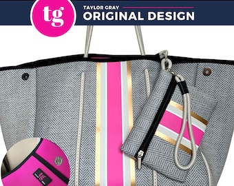 Neoprene large tote, Beach bag, Gym bag, Tennis, Exclusive, Vinyl Stripe, Pocket, Wristlet, Washable, Neoprene Bag