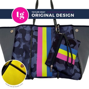 Neoprene large tote, Beach bag, Gym bag, Tennis, Exclusive, Vinyl Stripe, Pocket, Wristlet, Washable, Neoprene Bag
