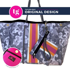 Neoprene large tote, Beach bag, Gym bag, Tennis, Exclusive, Vinyl Stripe, Pocket, Wristlet, Washable, Neoprene Bag