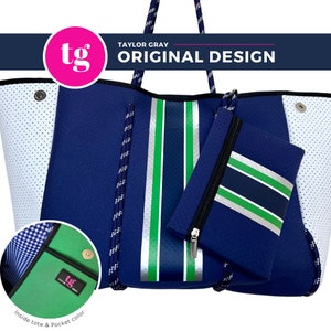 Neoprene large tote, Beach bag, Gym bag, Tennis, Exclusive, Vinyl Stripe, Pocket, Wristlet, Washable, Neoprene Bag