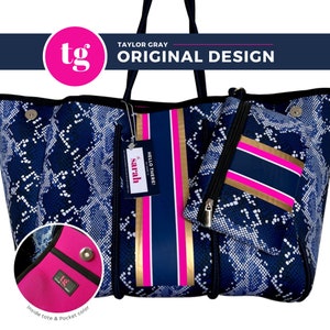 Neoprene large tote, Beach bag, Gym bag, Tennis, Exclusive, Vinyl Stripe, Pocket, Wristlet, Washable, Neoprene Bag