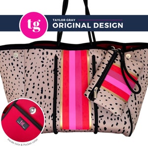 Neoprene large tote, Beach bag, Gym bag, Tennis, Exclusive, Vinyl Stripe, Pocket, Wristlet, Washable, Neoprene Bag