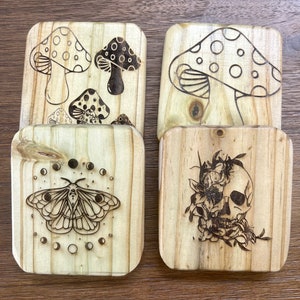 a) set of 4 Wood coasters laser engraved premium home decor hand crafted birch wood ready to ship water resistant thick wood