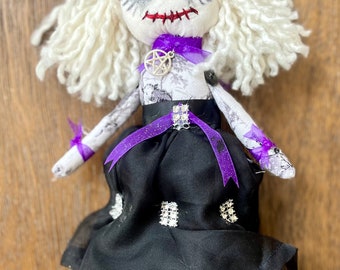 handmade art doll, cute creepy look, lots of details, accessorized, unique, one of a kind,fabric doll, buttons, black veil, home decor