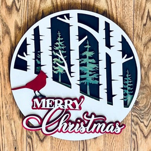 a) Vrolijk kerstfeest berkenbomen rode vogel dennenbomen rond bord 15" Handgeschilderde lasergesneden deurbord Home Decor MDF zwart wit rode kleuren