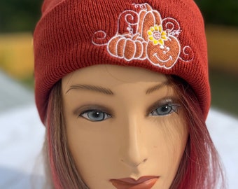 Women fall embroidered beanies  pumpkins design many colors one size fits all autumn hats gender neutral