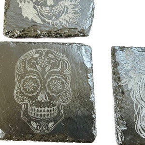 a) set of 6 sugar skull slate coasters laser engraved home decor hand crafted unique custom designs Halloween gift for her housewarming gift