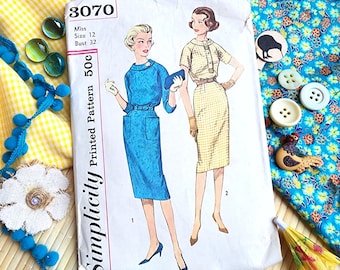 Vintage 1950&#39;s dress with roll collar, slim skirt, pockets sewing pattern - Simplicity 3070 - size 12 (32&quot; bust, 25&quot; waist, 34&quot; hip) - 1959