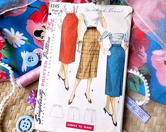 Vintage 1955 One-Yard slim skirt sewing pattern - Simplicity 1345 - size 25&quot; waist, 34&quot; hip - 1950&#39;s