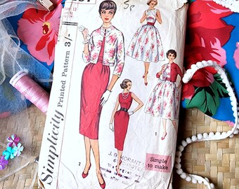 Vintage 1950s dress & short kimono sleeve jacket, belt sewing pattern - Simplicity 2407 - size 12 (32&quot; bust, 25&quot; waist, 34&quot; hip) - 1958