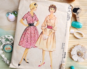 Vintage 1950s zip front shirtwaist shirt dress notched collar sewing pattern - McCall&#39;s 4948 - size 12 (32&quot; bust, 25&quot; waist, 34&quot; hip) - 1959