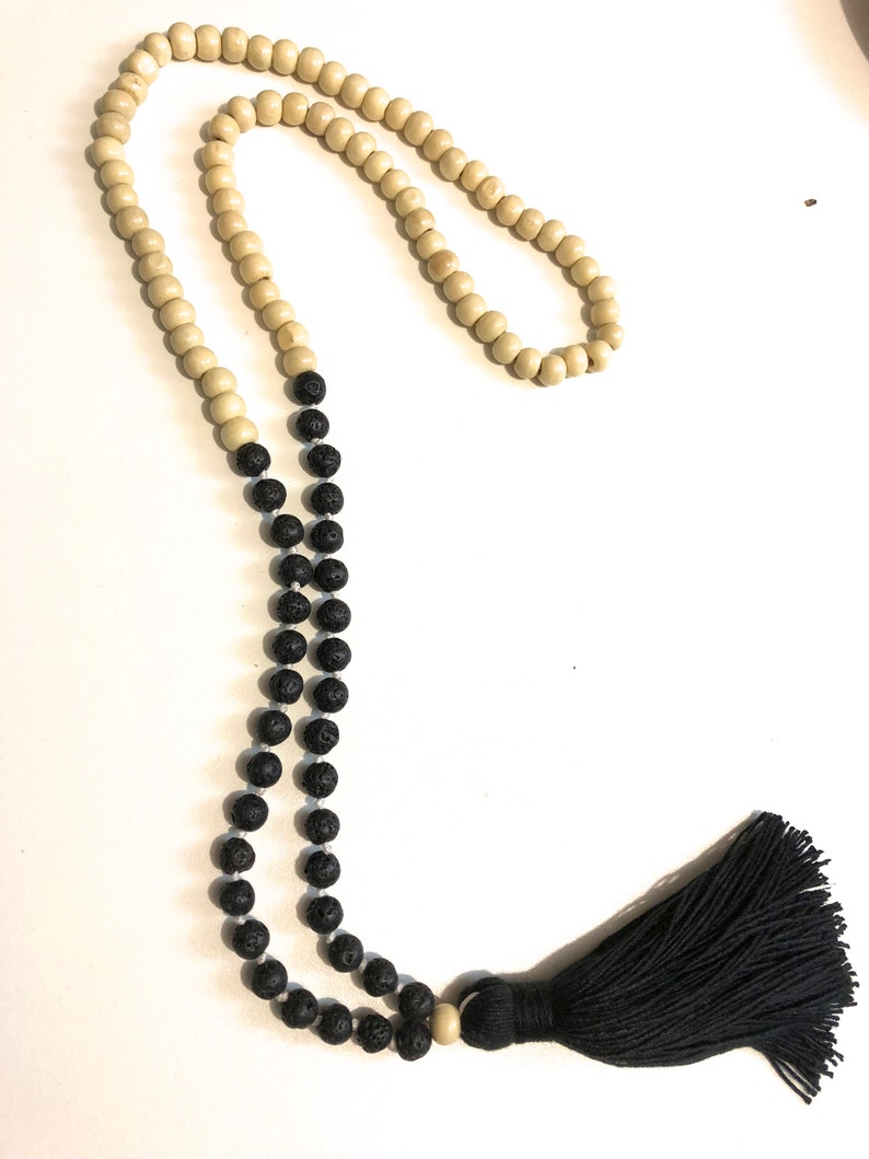 Black and beige Mala necklace 108 wood and lava beads one Guru light mala necklace long earth necklace
