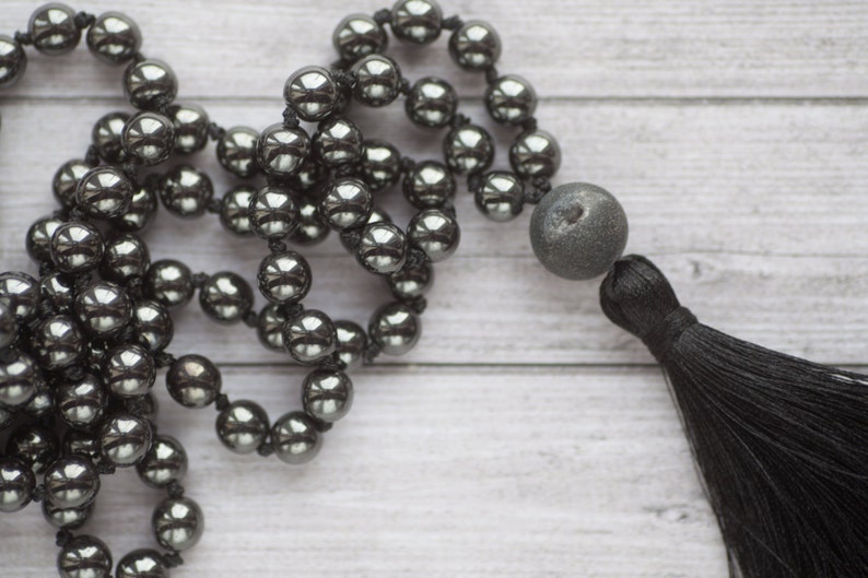 Long tassel hematite necklace 108 beads Hematite Mala necklace long black tassel necklace Hand knotted hematite necklace