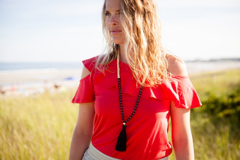 Black and beige Mala necklace 108 wood and lava beads one Guru light mala necklace long earth necklace