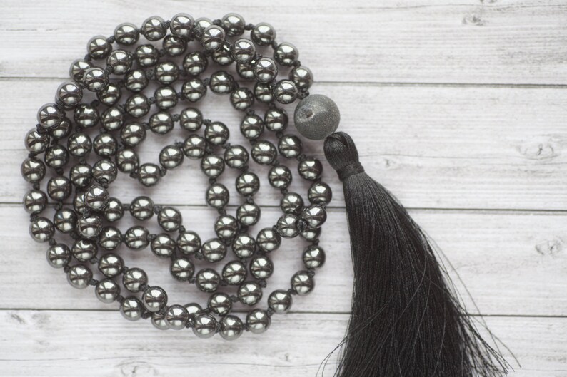 Long tassel hematite necklace 108 beads Hematite Mala necklace long black tassel necklace Hand knotted hematite necklace