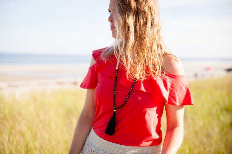 Black and beige Mala necklace 108 wood and lava beads one Guru light mala necklace long earth necklace