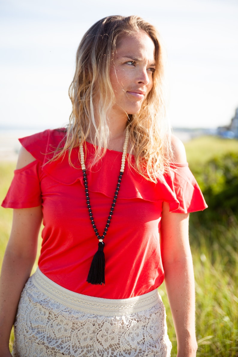 Black and beige Mala necklace 108 wood and lava beads one Guru light mala necklace long earth necklace