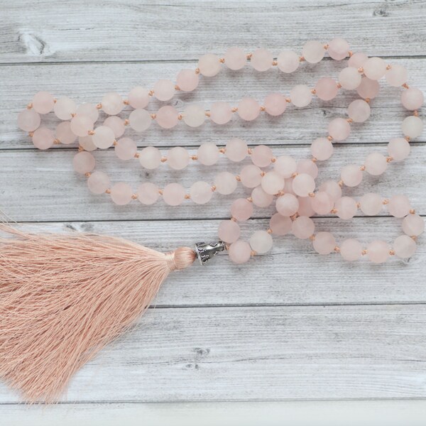 Pink Mala necklace / Long rose quartz necklace / 108 beads  / Long pink tassel necklace / Rose Quartz Mala  / Hand knotted quartz necklace