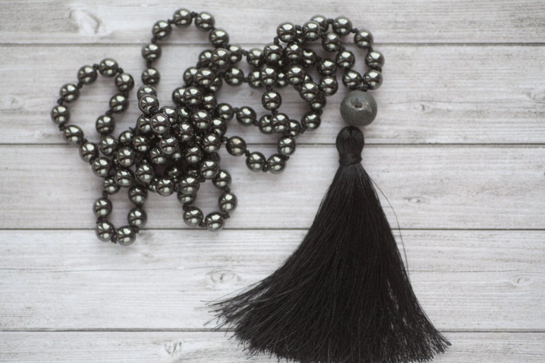 Long tassel hematite necklace 108 beads Hematite Mala necklace long black tassel necklace Hand knotted hematite necklace