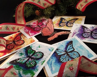 Rainbow BUTTERFLY CARD SET 6 Blank Note Cards w/ 6 Recycled Envelopes, Original Art, butterfly art, Rainbow Colored Butterfly Assorted Cards