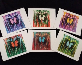 Reminisce BUTTERFLY CARD SET 6 Blank Note Cards w/ 6 Recycled Envelopes, Original Butterfly Art, Rainbow Colored Butterfly Assorted Cards