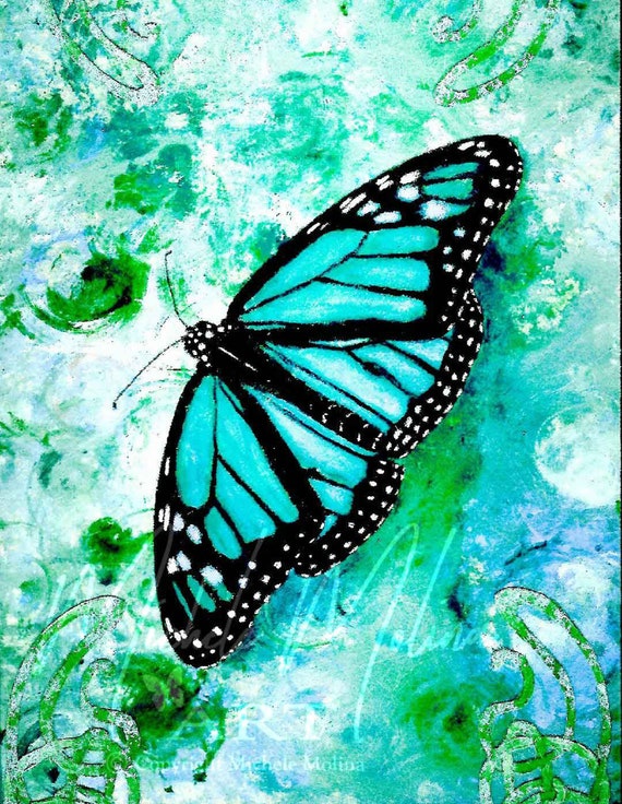 Turquoise Green Monarch Butterfly Deco Scroll Print Wall Art