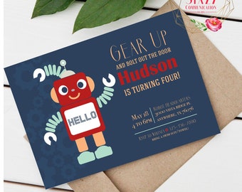 Robot Birthday Invitation - Gear On Up Invite - Birthday Invitation