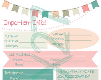 Important Information Childcare Sheet - Printable Nanny Log - Babysitter Caregiver -  Pink - PDF Instant Download