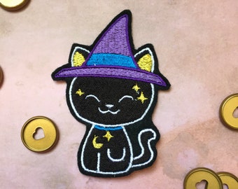 IRON ON PATCH - Witch Black Cat halloween cute spooky