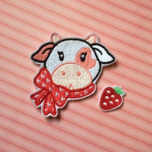 IRON ON PATCH - Large Pink Strawberry Cow cottage core cute