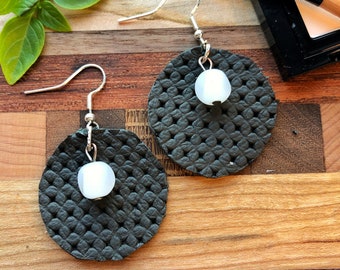 Leather Boho Style Embossed Earrings with Recycled Beads Grey & White