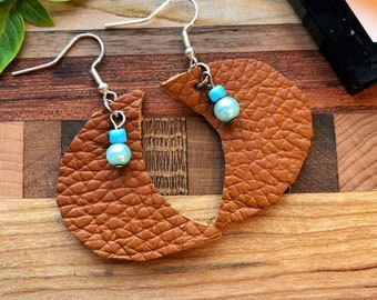 Tan Leather Boho Style Embossed Earrings with Recycled Beads