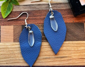 Leather Boho Style Embossed Earrings with Recycled Beads Navy Blue