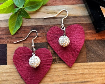 Leather Boho Style Embossed Earrings with Recycled Beads  Red and White Sparkle