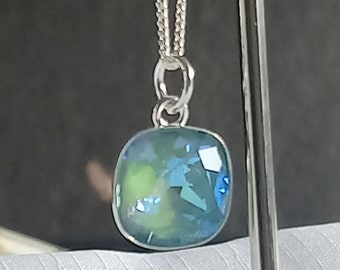 Green Crystal Pendant Necklace with Sterling Silver and Swarovski Crystal, Gifts for Her.