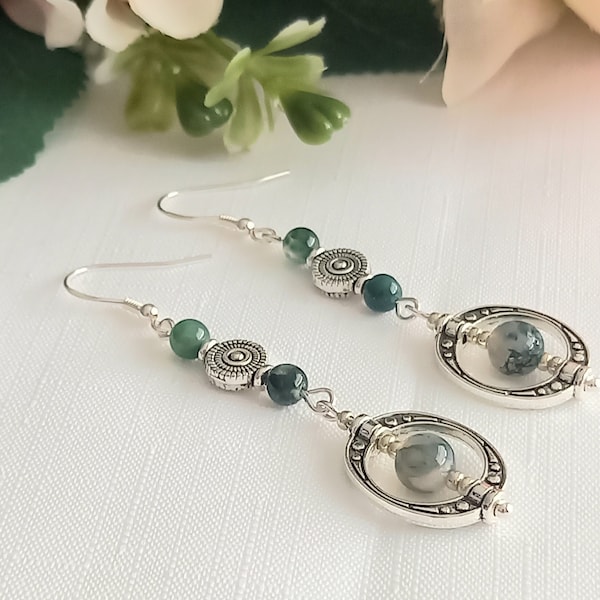 Boho Dangle Earrings with Green Moss Agate Beads and a Choice of Earwires, Gifts for Her.