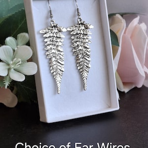 Boho Antique Silver Fern Leaf Dangle Earrings with a Choice of Ear Wires, Gifts for Her, Gift Box Included. E414.