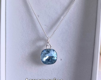 Aquamarine Crystal Pendant Necklace with Sterling Silver and Swarovski Crystal, Gifts for Her