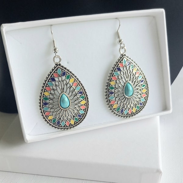 Colourful Antique Silver Boho/Ethnic style Dangle Earrings with a Choice of Earwires, Gifts for Her. E317.