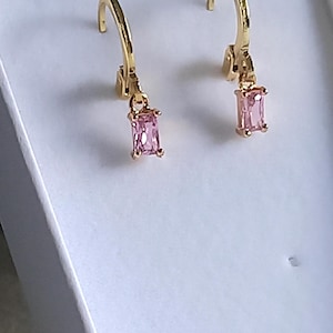 Dainty Pink Crystal Huggie Hoop Earrings, 18ct Gold Plated with Rectangular Charm Dangles, Gift Boxed. H023