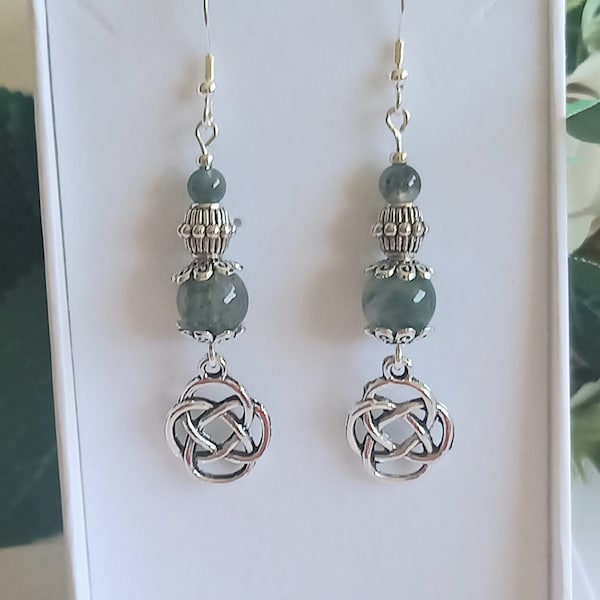 Green Moss Agate Boho Dangle Earrings with Celtic Knot Charms and a Choice of Earwires. Gifts for Her.