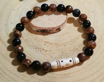 Bracelet en pierres naturelles pour homme. Obsidienne œil Céleste et Agate sacrée du Tibet.