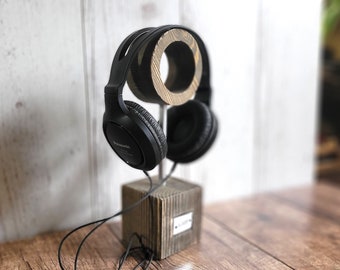 Headphone stand wooden ring, Brushed wood, Headphone stand wood, Headphone hanger desk, Headphone holder for desk, Headphone display