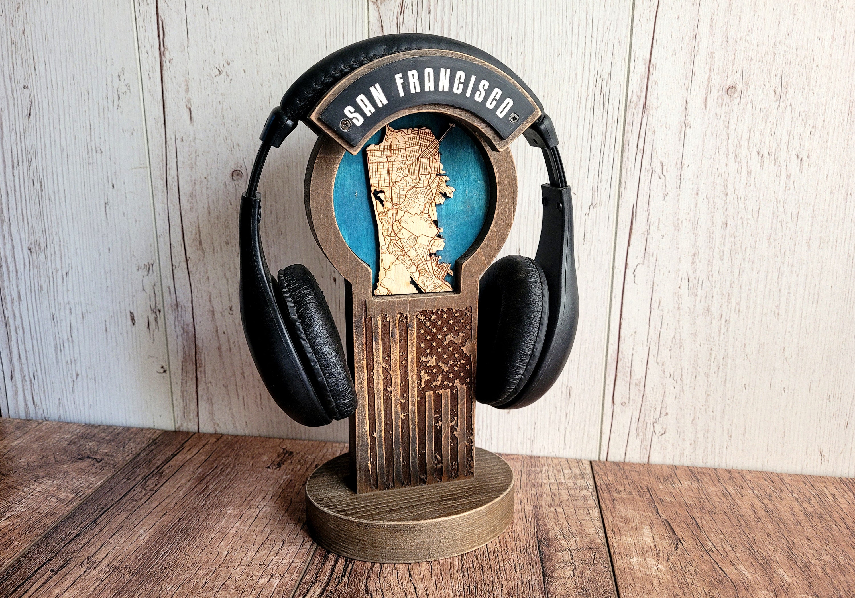 Headphone Stand san Francisco Antique Wood With Map Downtown San