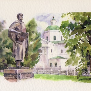 Monumento a Yaroslav il Saggio. Bila Tserkva. Ucraina. Stampa ad acquerello ad alta definizione su carta grana 250g/m2
