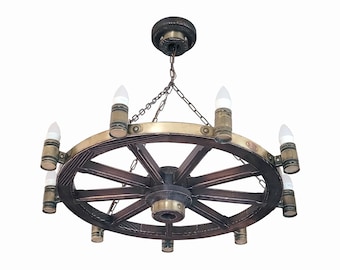 Cartwheel Chandelier unique technology aged brass brushed wood copper nameplates. Exquisite rustic style.