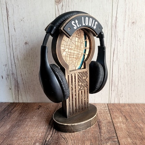 Antique Wood Headphone Stand with Downtown St.Louis Map - Unique St. Louis Desk Accessory