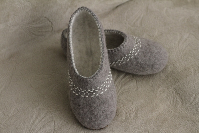 Natural undyed wool. Indoor slippers. Handcrafted women slippers. Gift idea. Eco friendly wool. Decorative slippers for home. Leather sole. image 1