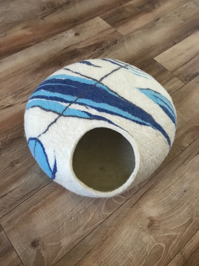 Pet lover gift/Wool cat house /Blue marble felted cat bed/Eco friendly woo/l Natural undyed wool/Pet house /Eco wool/Handcrafted cat bed/ image 1