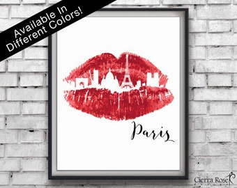 Red Lipstick Print, Paris Print, Skyline print, Travel Print, Kiss Art, Makeup Room, Office Decor, Paris Decor, Modern Print, Lipstick Print
